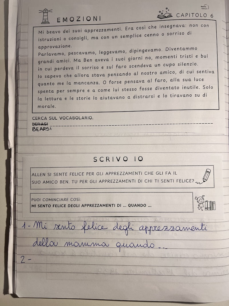 PAGINA DEL QUADERNO CON LA PROPOSTA DI SCRIVERE FRASI