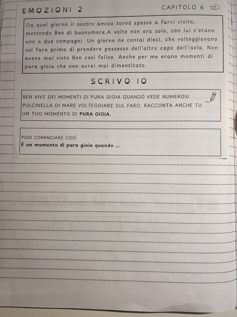 PAGINA DI UN QUADERNO CON LA PROPOSTA DI SCRIVERE FRASI SULLA GIOIA