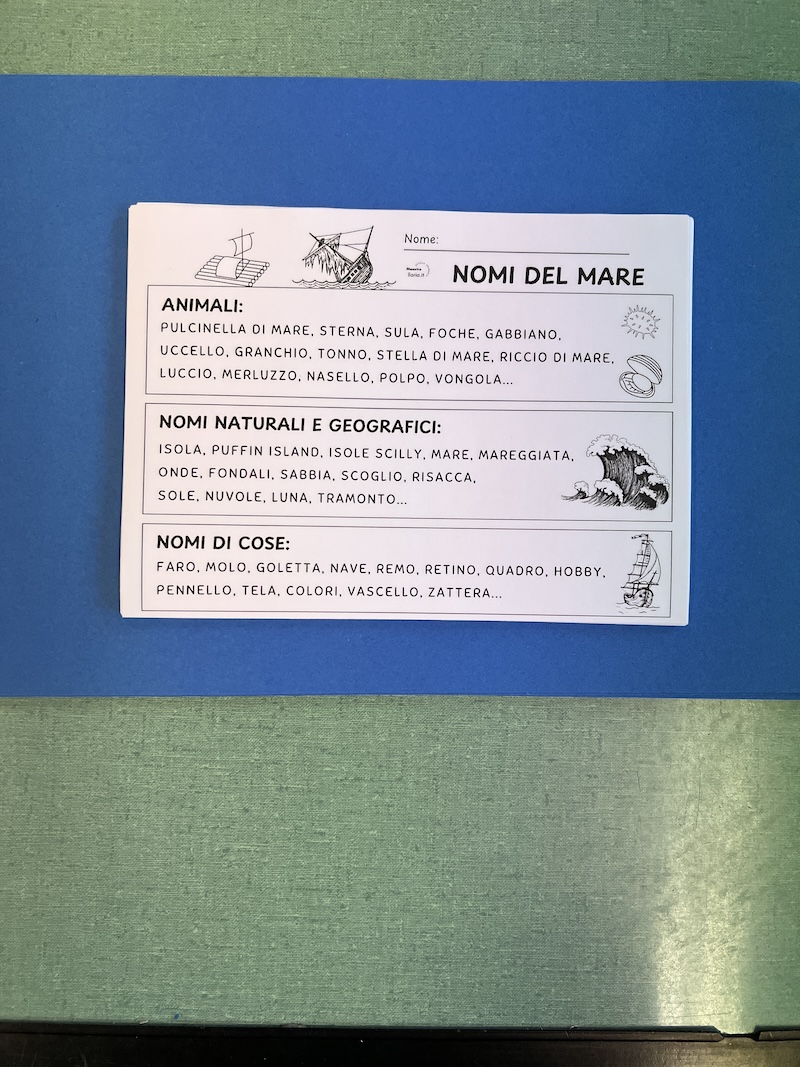 Elenco di nomi relativi al mare da consegnare alla classe