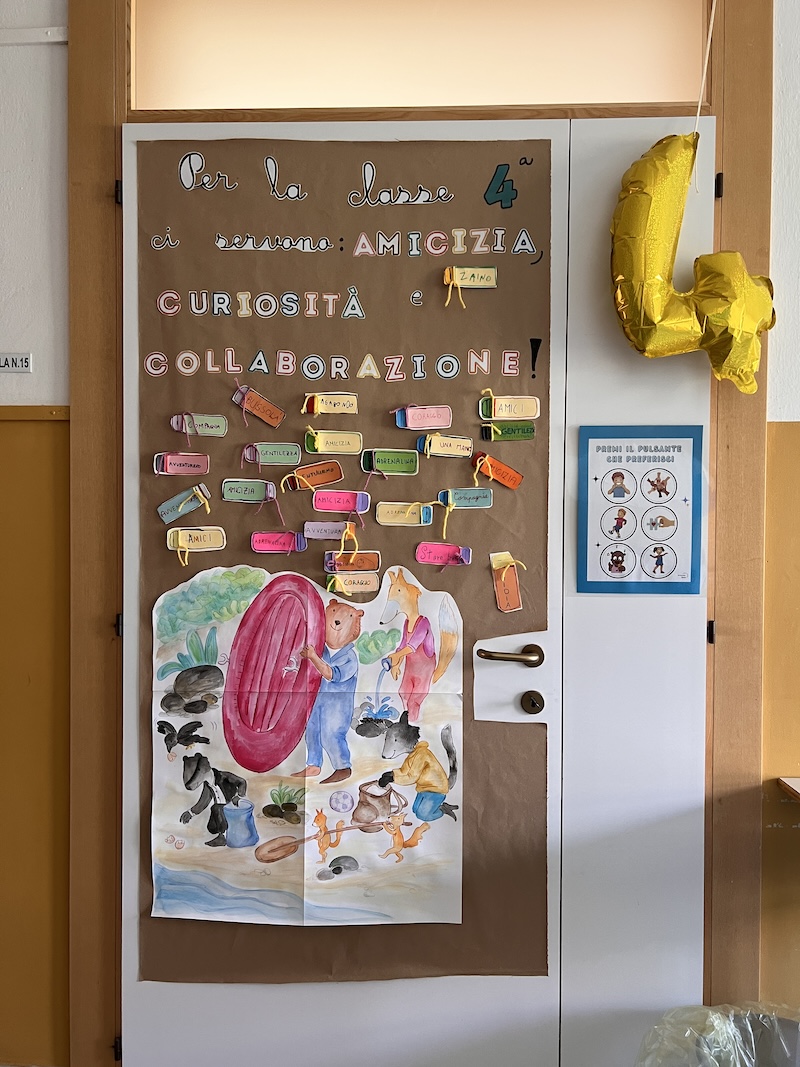 La porta dell'aula di classe 4^ a tema collaborazione