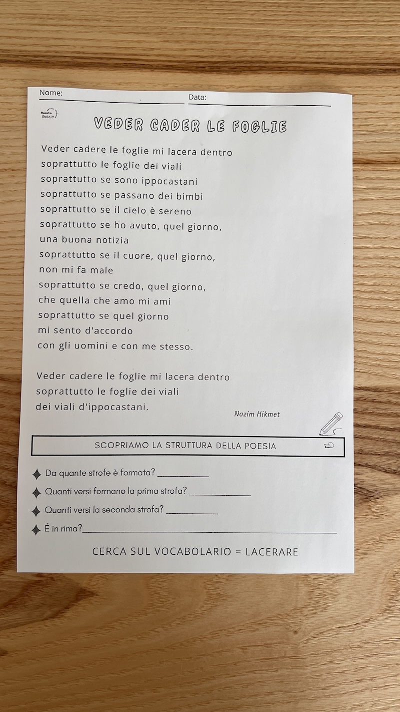 SCHEDA DIDATTICA CON TESTO POESIA
