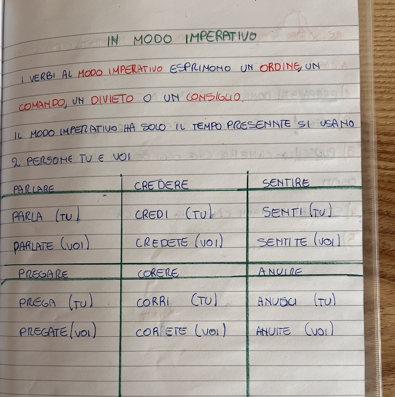 IL MODO IMPERATIVO PROPOSTA SU UN QUADERNO